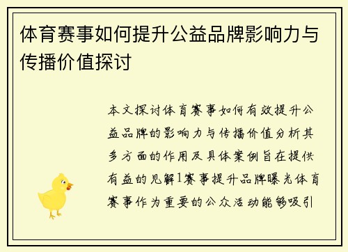 体育赛事如何提升公益品牌影响力与传播价值探讨